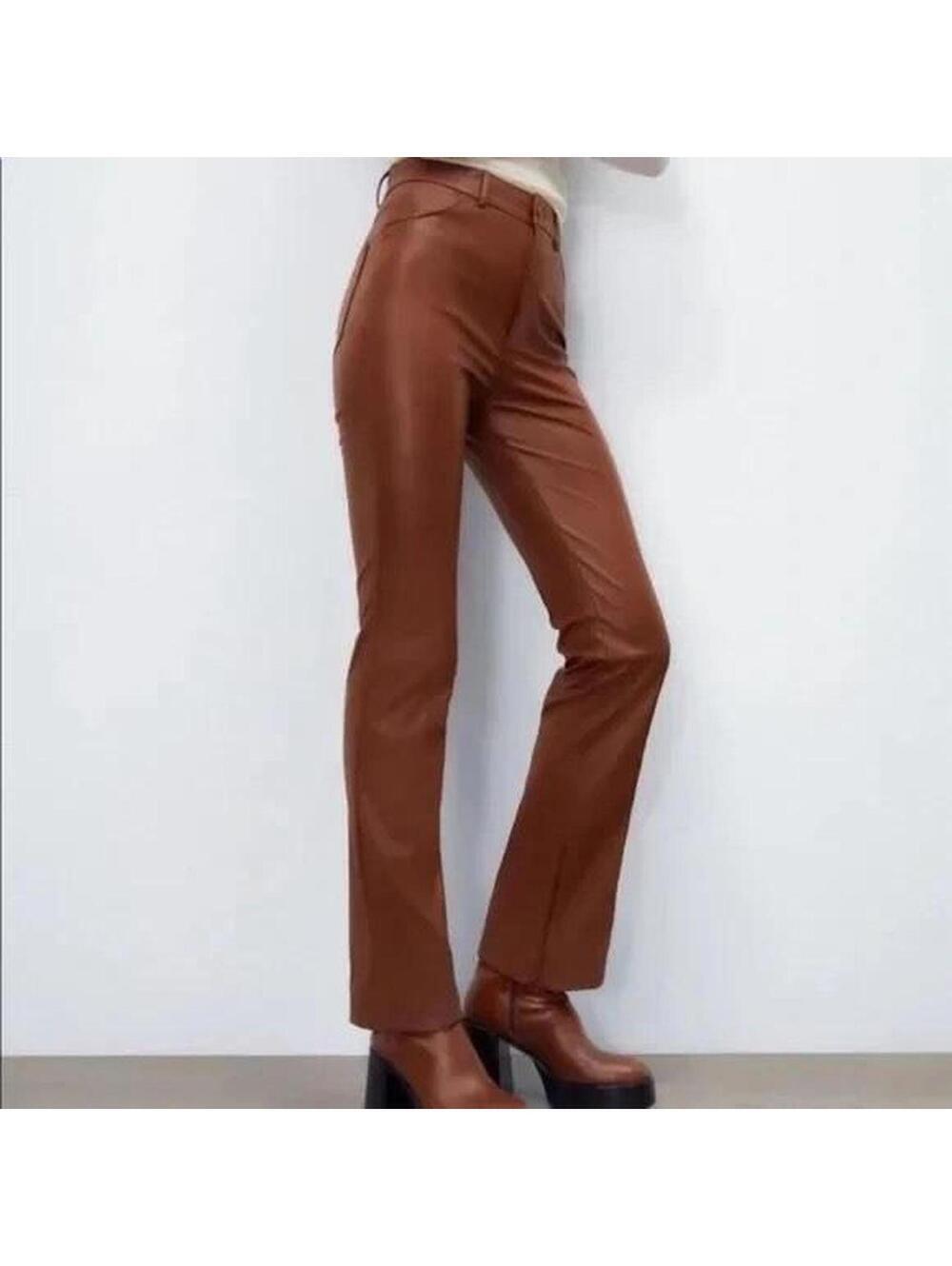 ZARA Faux Leather High Waisted Flare Pants in Chocolate Brown Size M Bootcut